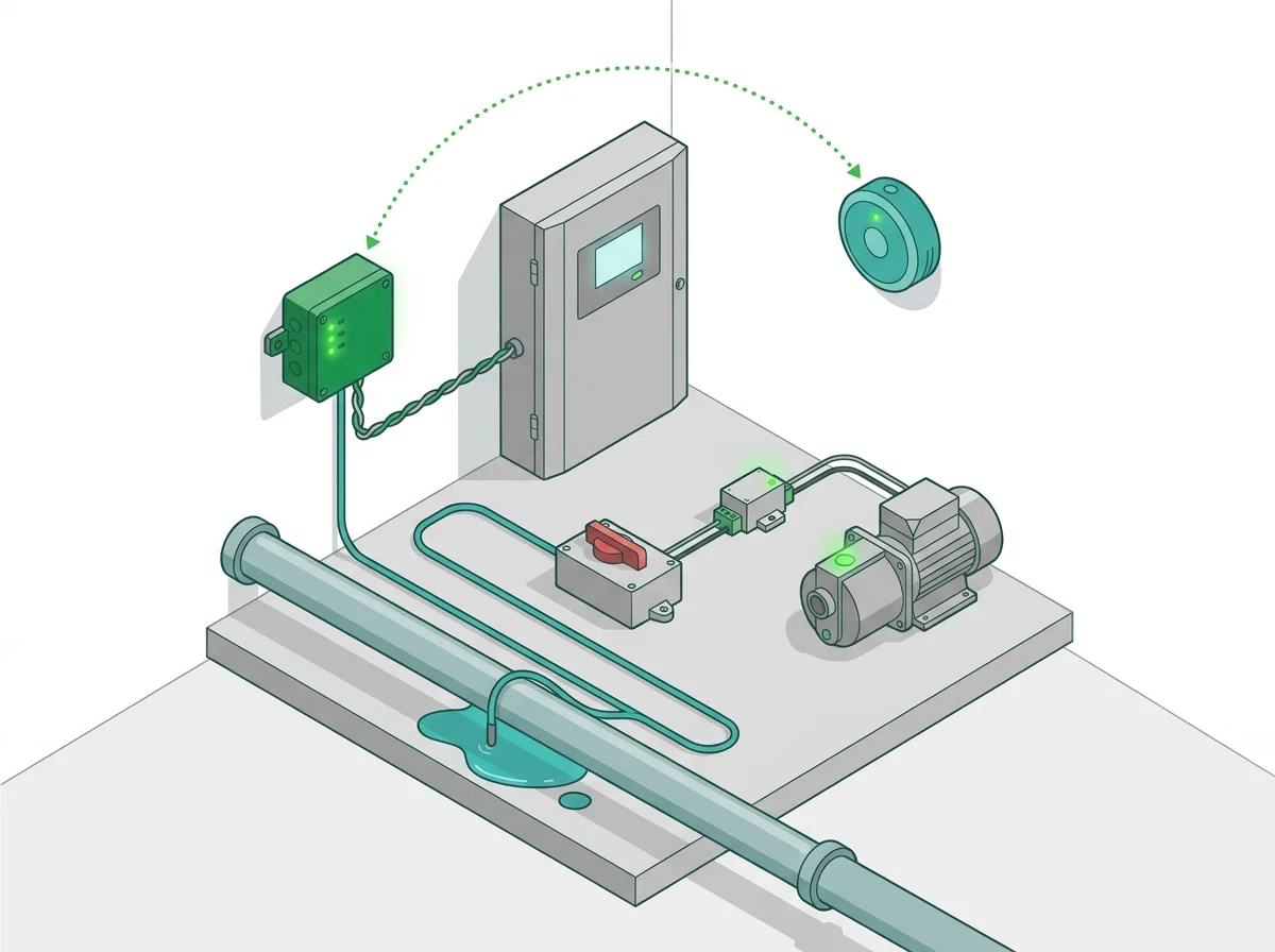 Controller wired to a building automation panel over RS-485 BACnet with a floor leak cable, a dry-contact relay shutting off a pump, and a wireless air quality sensor