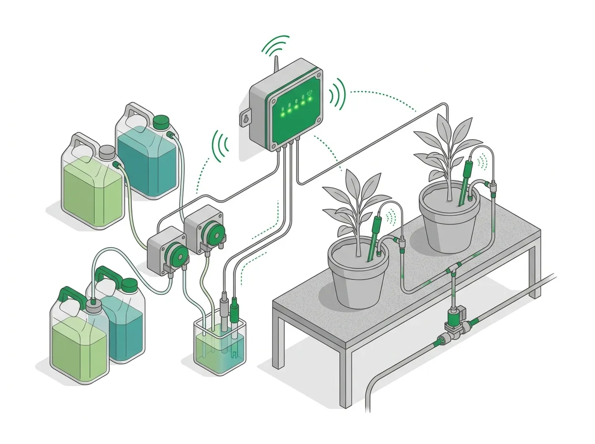 Controller running closed-loop irrigation with two Dro sensors, a solenoid valve, and peristaltic pH and EC dosing pumps feeding a nutrient reservoir