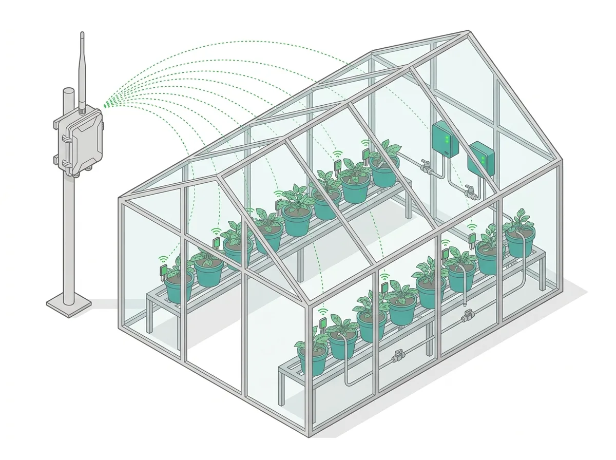 Greenhouse with sixteen Dro sensors in bench pots reporting wirelessly to an outdoor LoRaWAN gateway while two Controllers run irrigation valves
