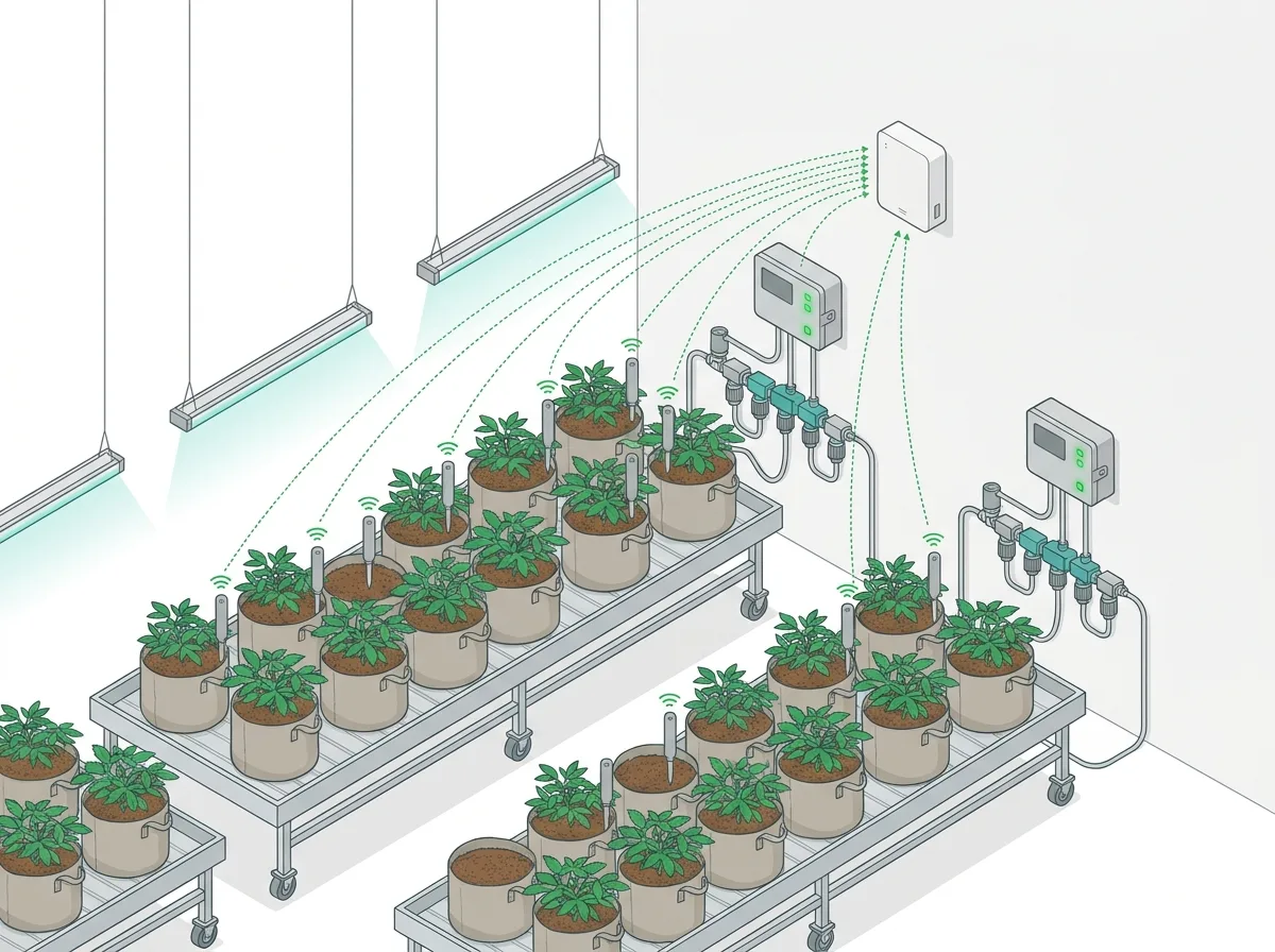 Indoor coco room with Dro sensors in fabric pots on rolling tables reporting to an indoor gateway while two Controllers feed drip manifolds