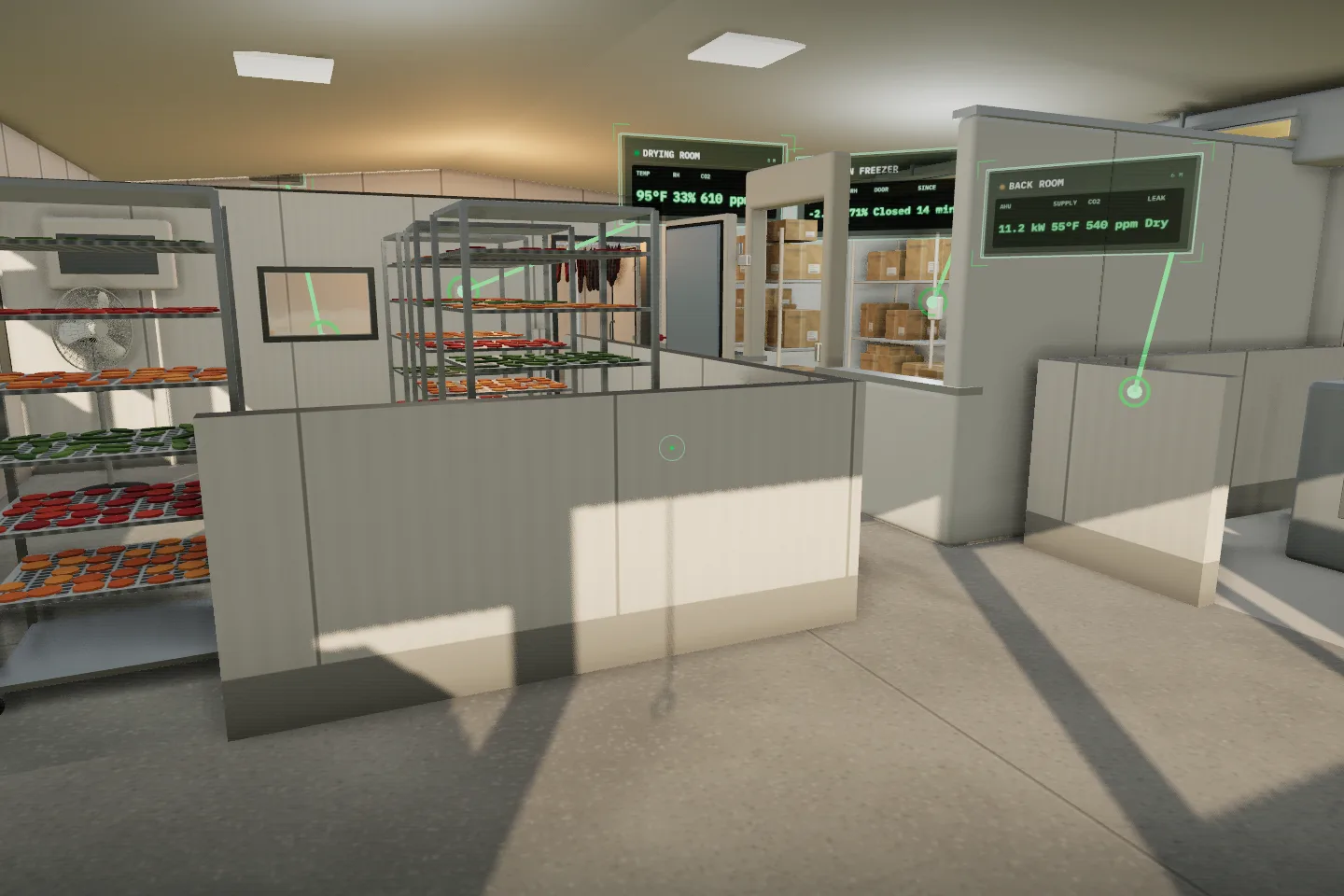 The Bay 4 site as seen through AR glasses: drying racks and a back room, each room with a floating card of readings pinned to its equipment